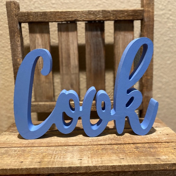 Cook Wood Sign, Blue Cursive "Cook” Wood Decor Sign, Farmhouse Kitchen Decor - Picture 1 of 8